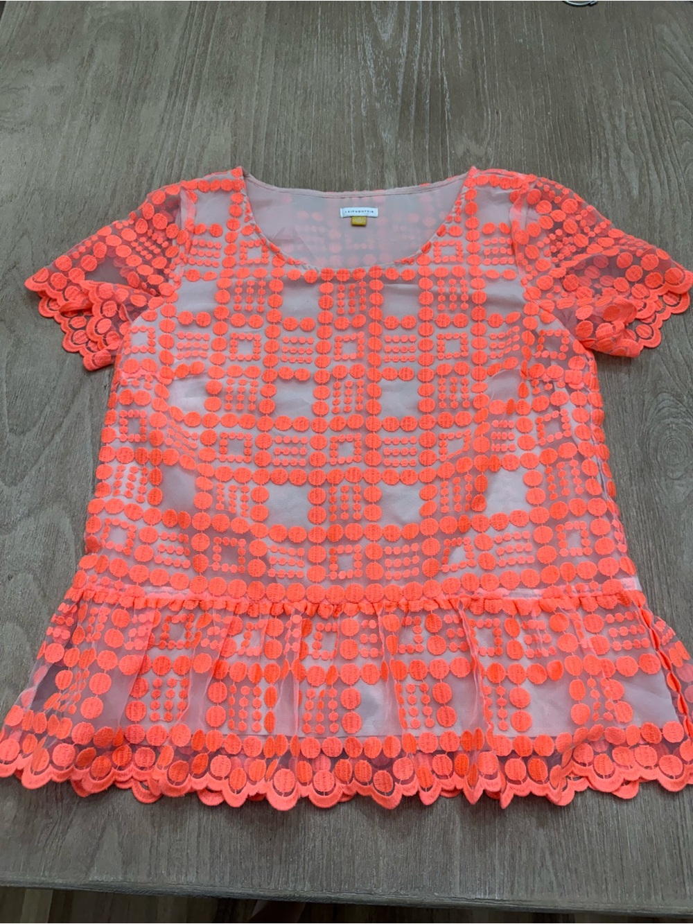 Anthropologie Leifsdottir Neon Orange Lacepane Peplum Blouse Sz 10